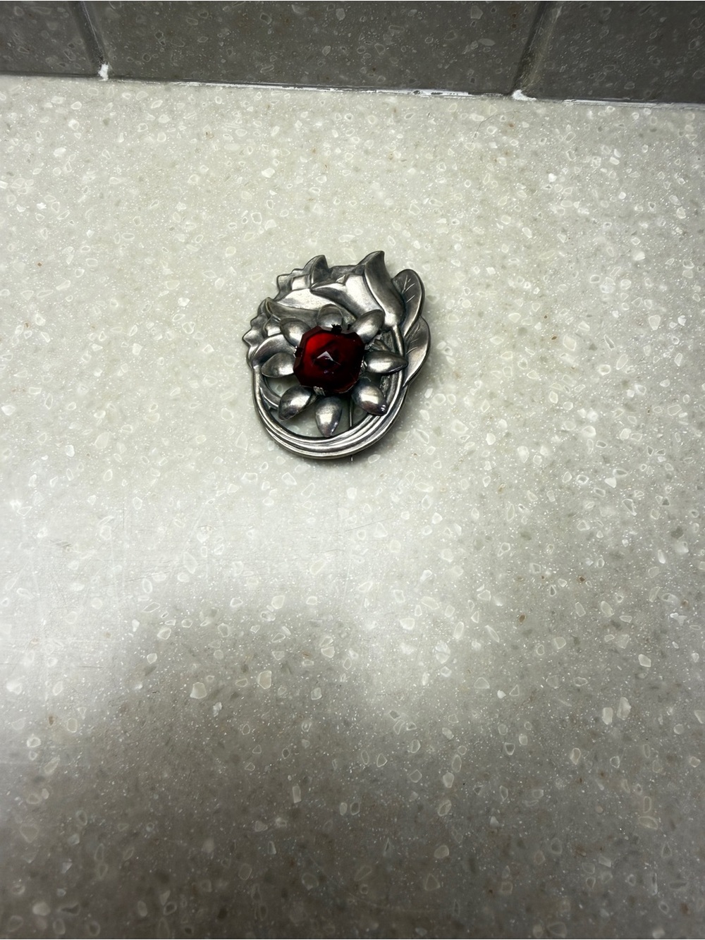 Silver Floral Red Gem Brooch - Unbranded